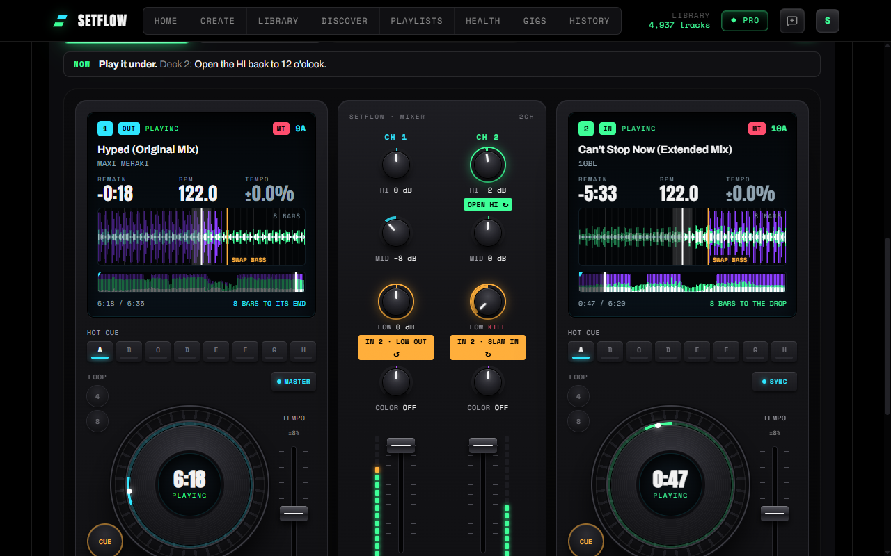SetFlow's DJ Tutor moments before the bass swap: both LOW knobs flagged in amber, In 2 · Low out on deck 1 and In 2 · Slam in on deck 2, the Swap bass marker on both deck screens, and 8 bars to the drop