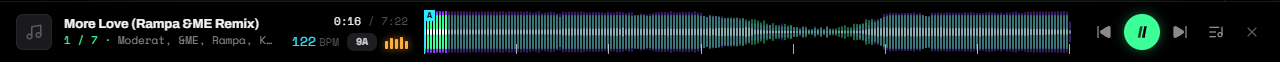 SetFlow's player bar playing More Love (Rampa &ME Remix) at 122 BPM in 9A, with hot cue A at the start of the waveform and small white phrase ticks along its bottom edge