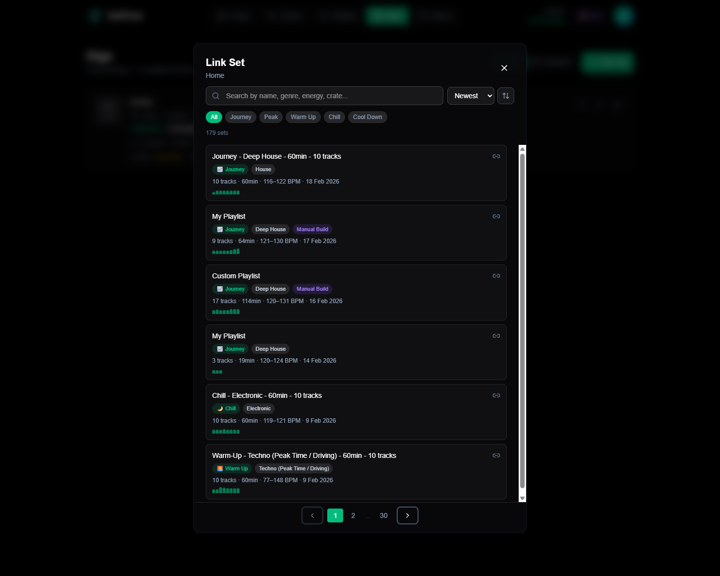 The Gig Calendar set linking view showing rich set cards with badges, stats, and pagination