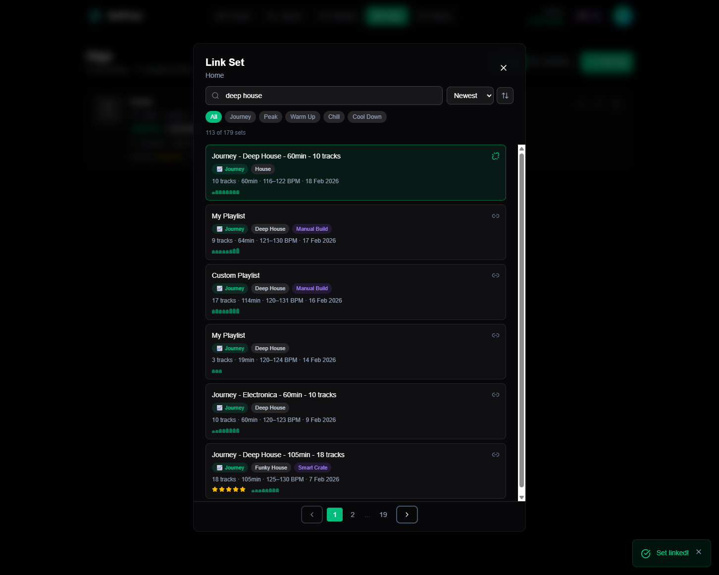 A set linked to a gig with emerald highlight and unlink icon