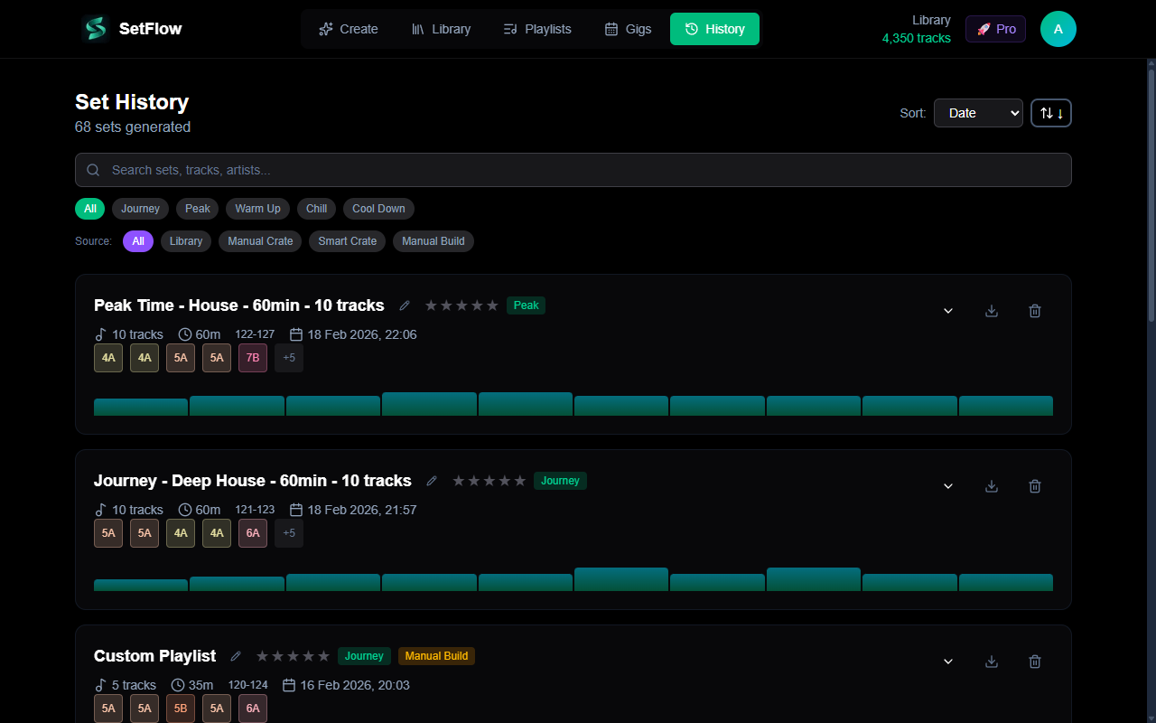 Set history showing generated sets with energy archetype filter pills, energy bars, and Camelot keys