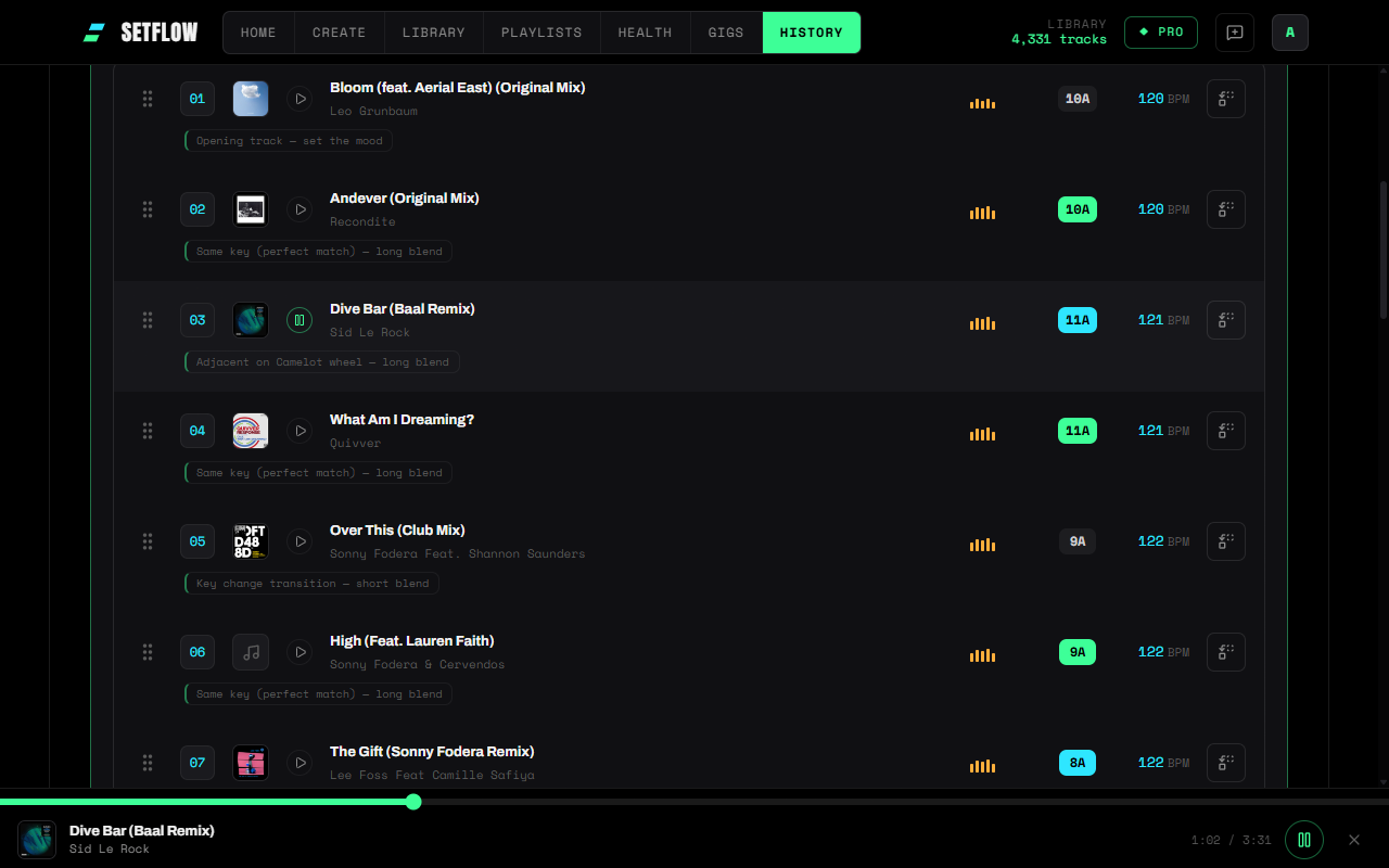 A generated set in SetFlow with a play button on every track row and the preview player bar along the bottom showing the playing track, a scrubber and elapsed time