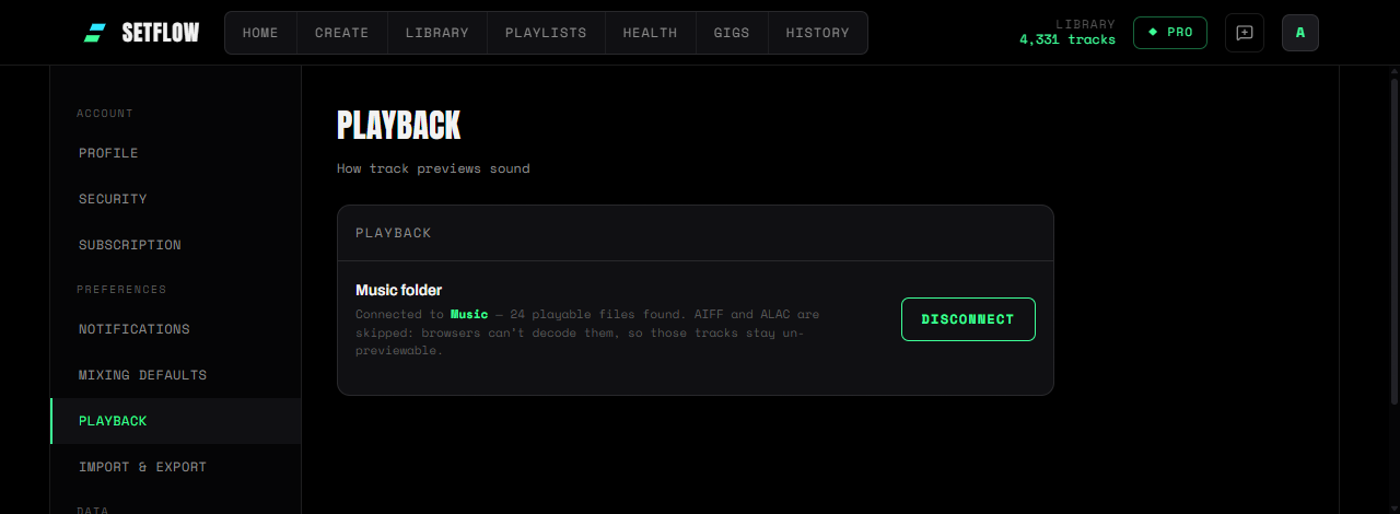 The Playback section of SetFlow settings showing a connected music folder with the number of playable files found, and a button to disconnect it
