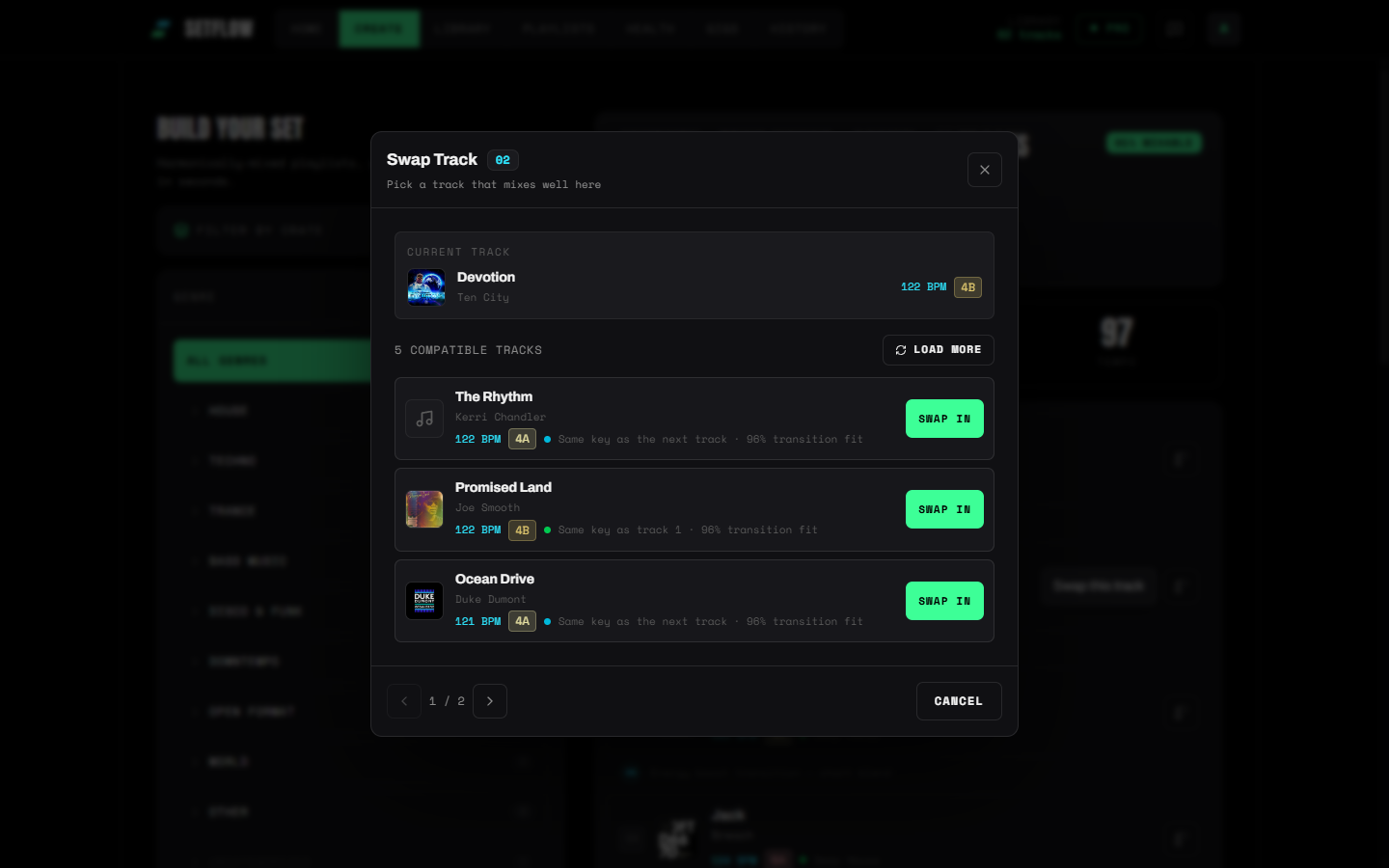 The Swap Track modal showing the current track with cover art, and three compact library suggestions each with artwork, BPM, key, and a transition-fit reason